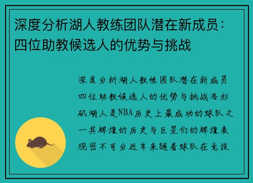 深度分析湖人教练团队潜在新成员：四位助教候选人的优势与挑战